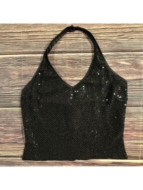 Club YMLA Vintage Black Sequin Halter Crop Top Size M Y2K Sparkle Party Top